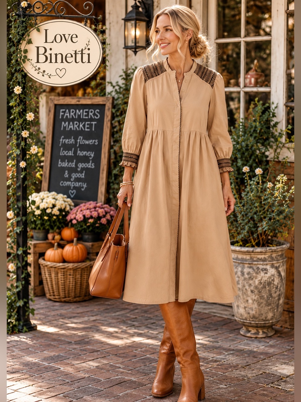Love Binetti Beige Cotton Smocked Shirt Dress Boho Artisan Long Sleeve Size M
